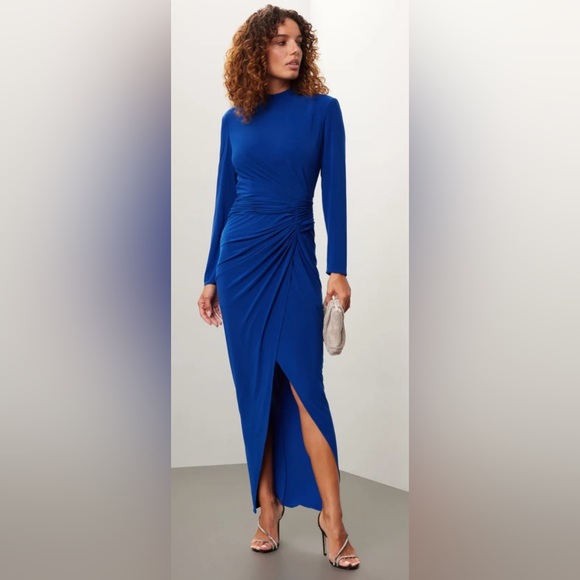 Rene Ruiz Blue Ruched Long Sleeve Gown Size US 12